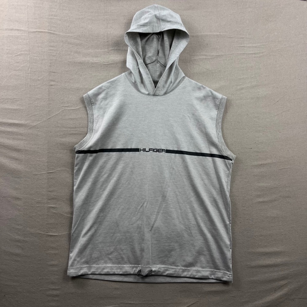 Tommy Hilfiger Sleeveless Hoodie Mens XXL Gray 90s Vintage Utility Back Pocket